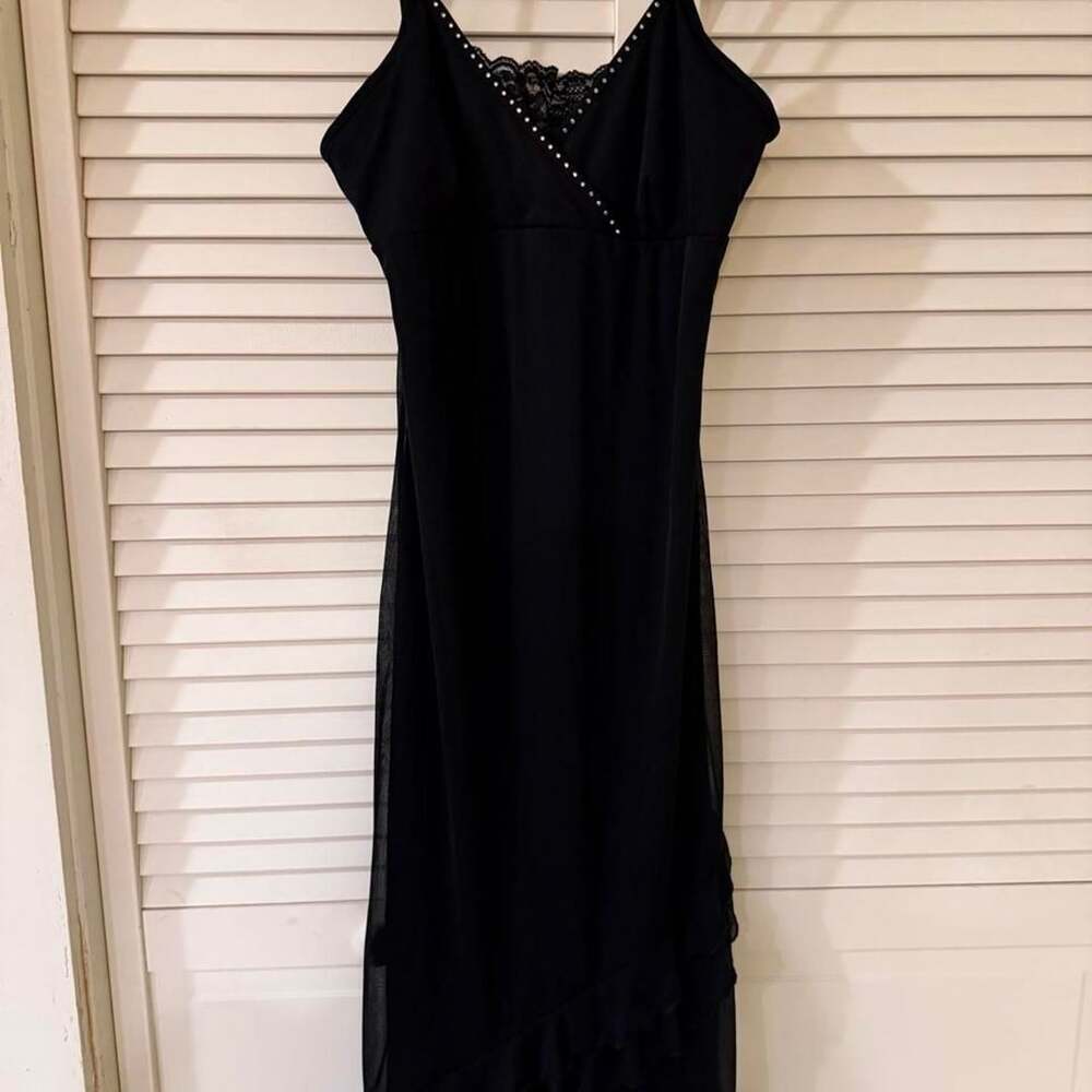 Vintage Candy Rocket Black Slip Dress with Lace Trim and Ruffled Hem